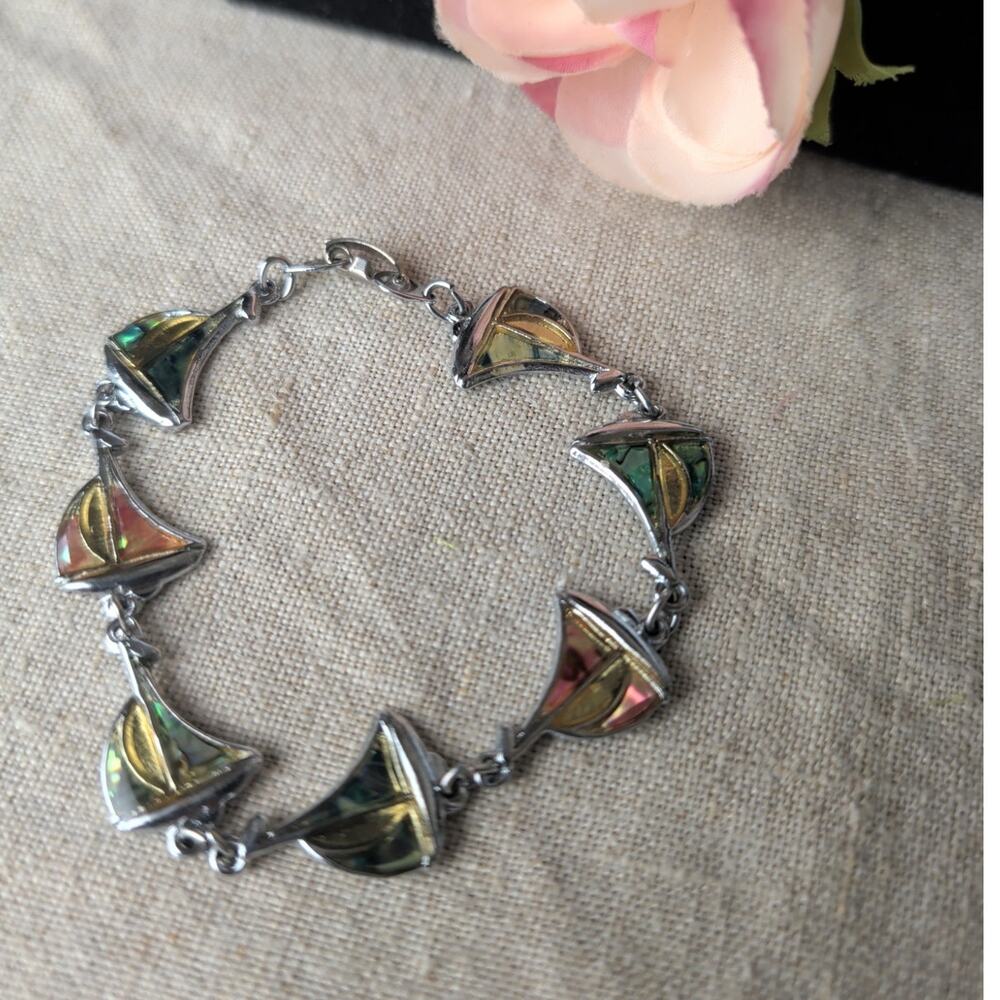 Vintage Silver Tone Sailboat Abalone Inlay Link Bracelet 7.5".